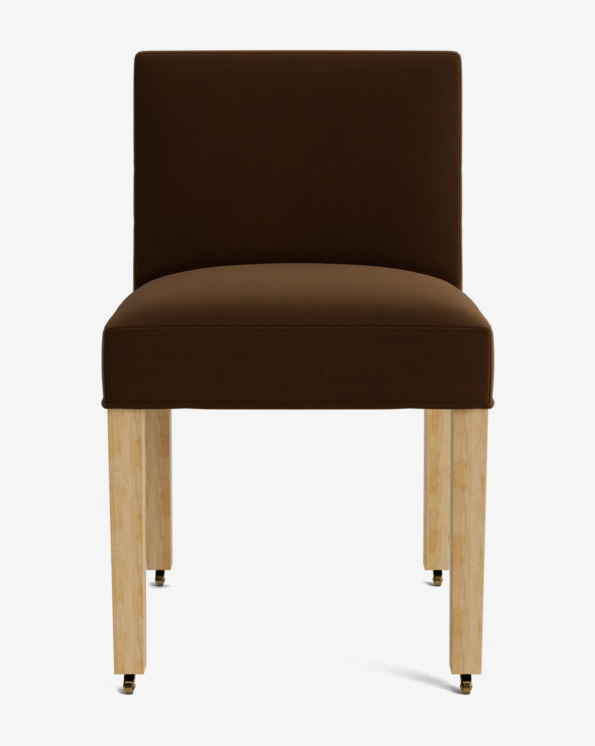 Front view of the Olivier Upholstered Dining Chair, featuring a dark brown fabric seat and backrest, light wooden legs with small wheels on each leg, all set against a plain white background, by McGee & Co.