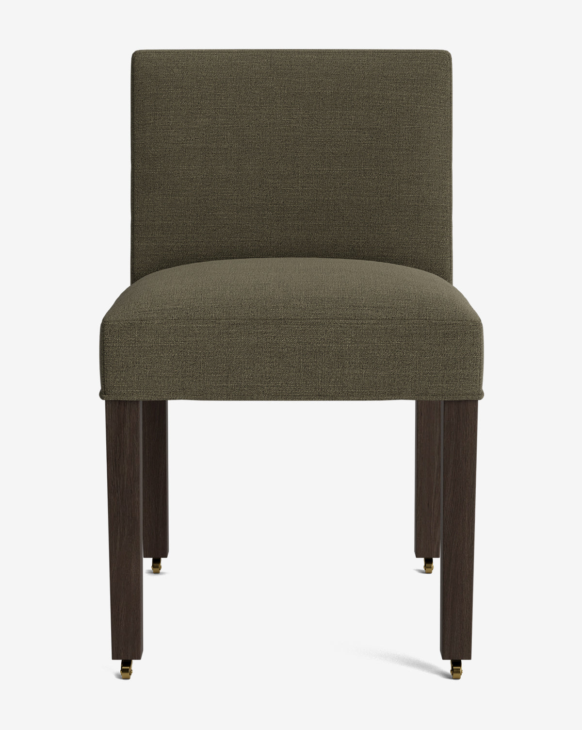 Front view of the Olivier Upholstered Dining Chair featuring an olive green high-quality fabric seat and back, four dark wooden legs with brass-capped feet, all set against a plain white background, by McGee & Co.
