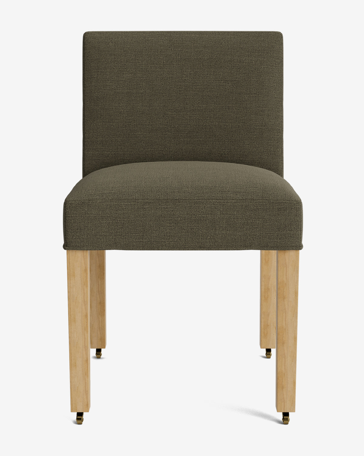 The Olivier Upholstered Dining Chair features an olive green, high-quality fabric seat and backrest with light wooden legs and small brass casters, all showcased against a plain white background by McGee & Co.