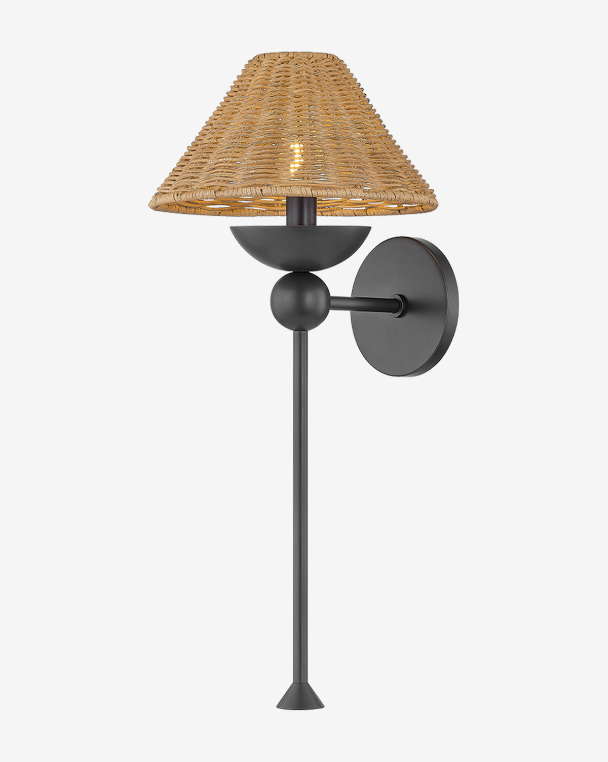 The Hudson Valley Lighting Perilla Sconce features a black metal base and cone-shaped natural rattan shade, shown wall-mounted on a white background—an ideal modern lighting solution for any space. McGee & Co.