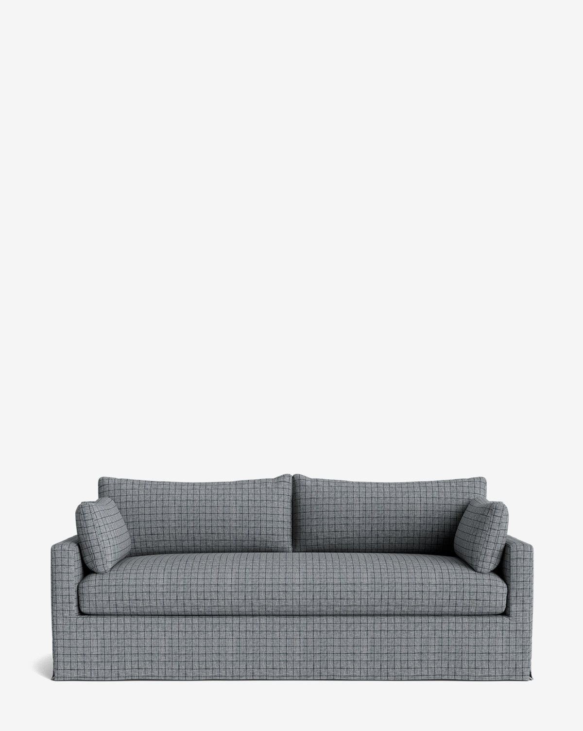 A Peterson Classic Slipcover Sofa (75-100) in gray plaid with square arms and two matching feather blend cushions, shown against a plain white background by McGee & Co.
