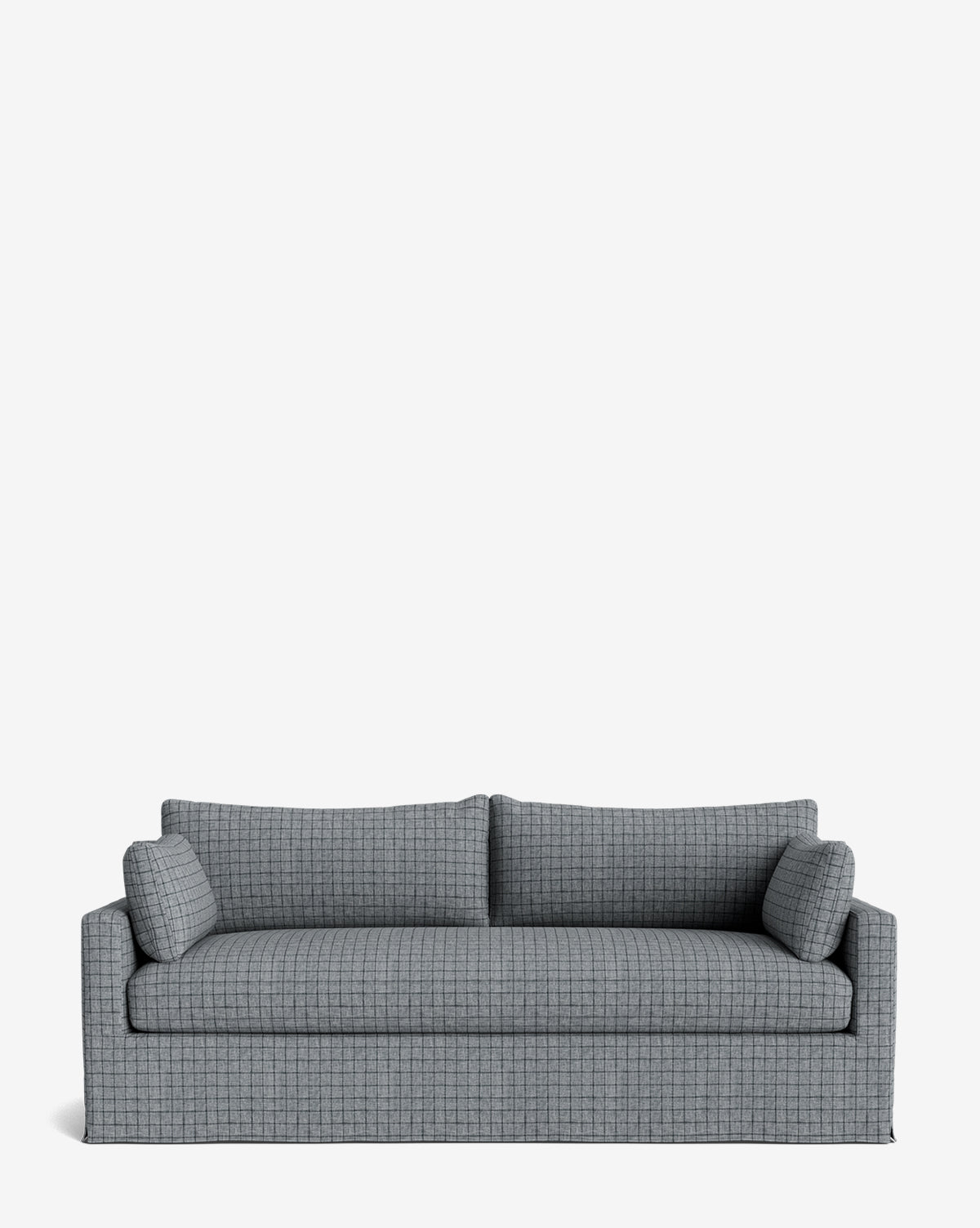 The Peterson Classic Slipcover Sofa (75-100) in gray features a subtle checkered pattern, feather blend cushions, two seat and back cushions, and two matching side pillows, shown against a plain white background, by McGee & Co.