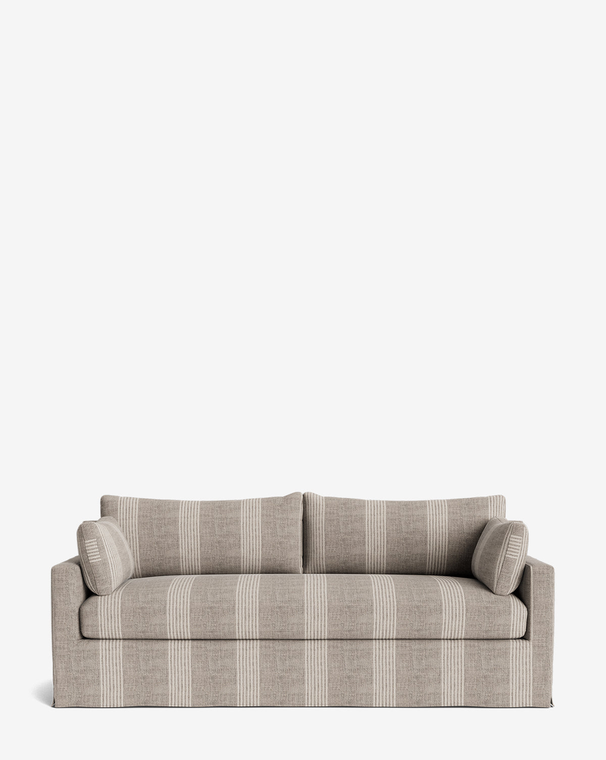 A Peterson Classic Slipcover Sofa (75-100) in beige with vertical white stripes, two back cushions, and feather blend cylindrical side pillows, set against a plain white background by McGee & Co.