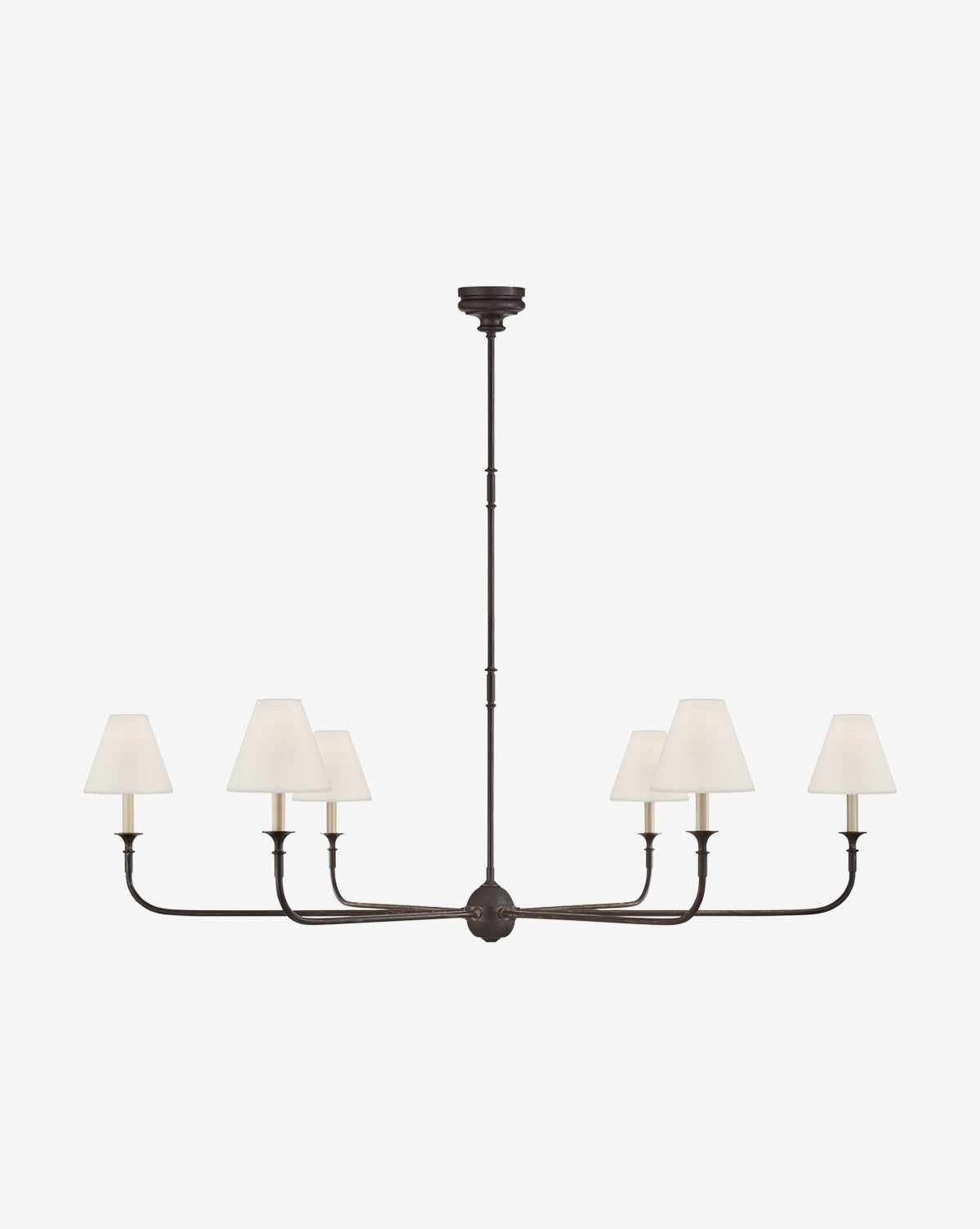 The Piaf Grande Chandelier by Visual Comfort & Co. Signature features a minimal design with six arms, each topped with a white lampshade, suspended from a long rod—ideal as modern pendant lighting. McGee & Co.