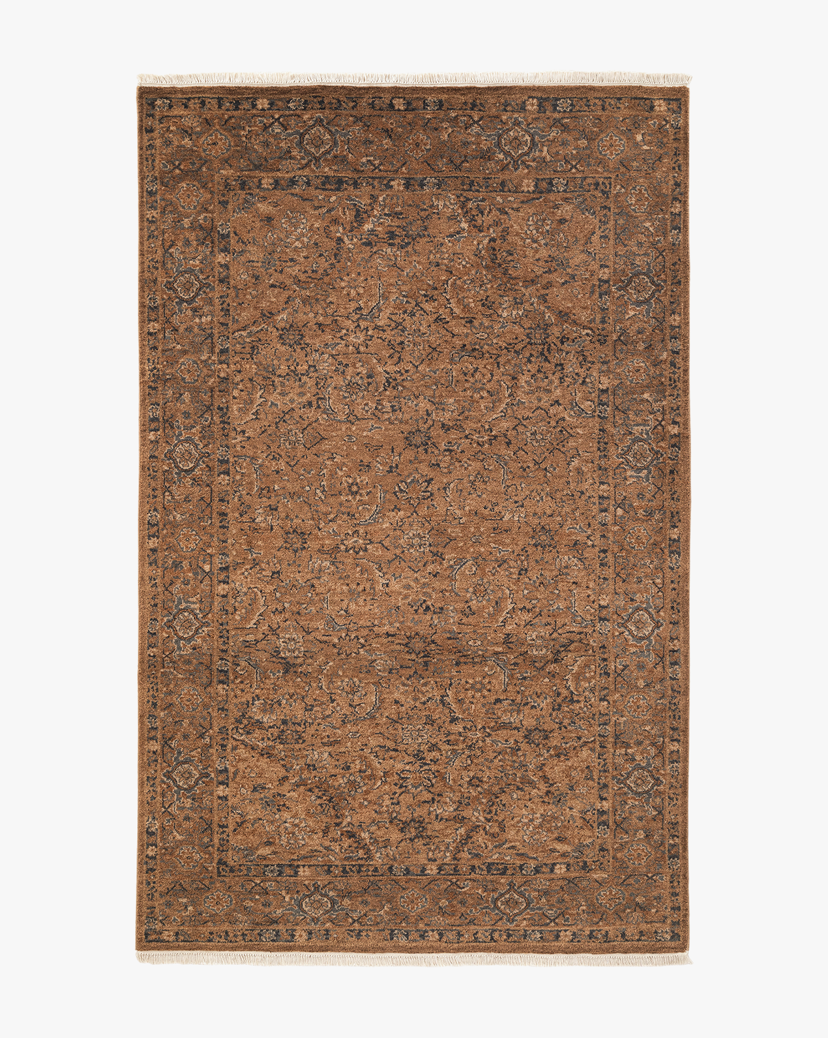 The Piedmont Hand-Knotted Wool Rug features intricate floral and geometric patterns in brown and dark blue, with a decorative border and fringed edges for antique-inspired, vintage charm, by McGee & Co.