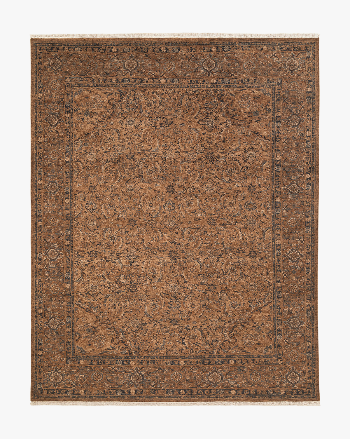 The Piedmont Hand-Knotted Wool Rug features a rectangular shape with an intricate floral and vine pattern, detailed border, and rich brown tones, bringing antique-inspired charm to any space, by McGee & Co.