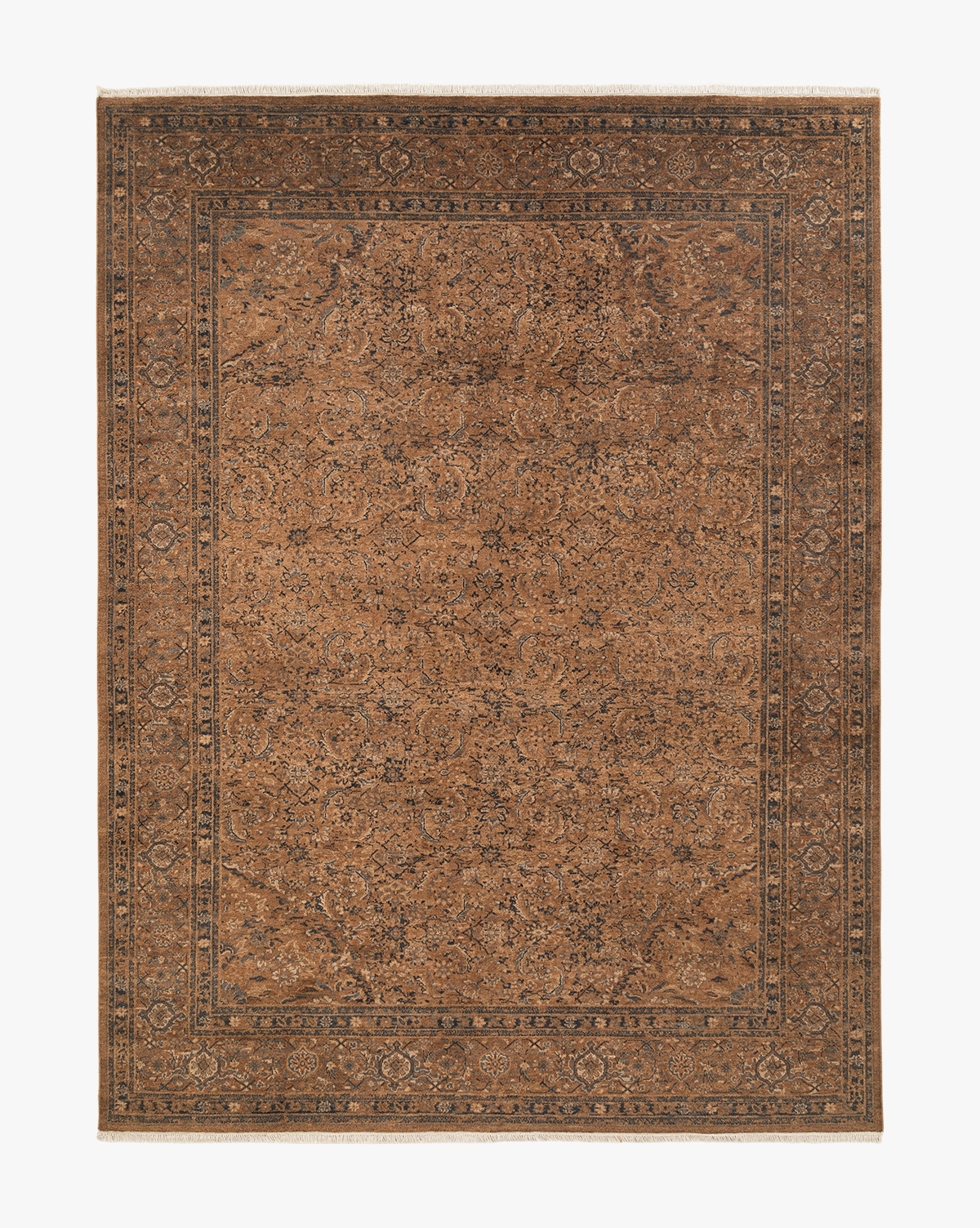 The Piedmont Hand-Knotted Wool Rug is a rectangular brown artisanal wool rug featuring intricate floral and vine motifs, a detailed dark brown border, and an ornate, symmetrical center design, by McGee & Co.