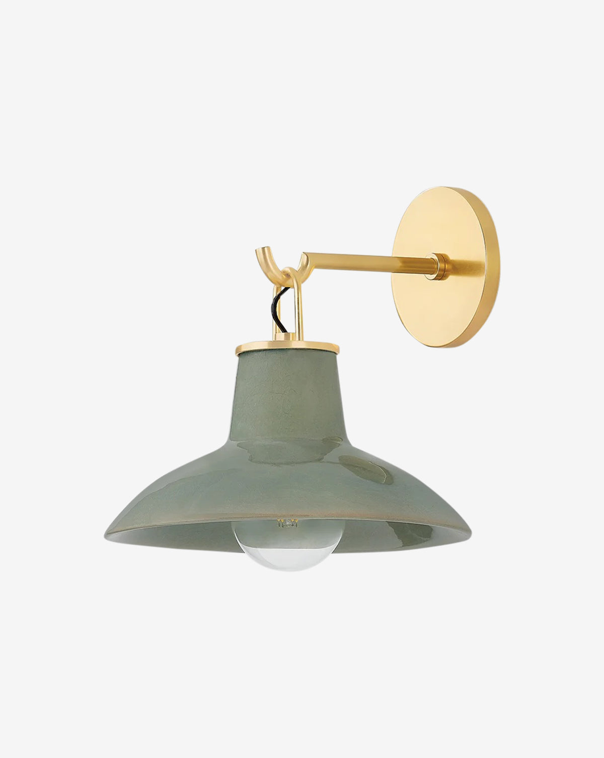 The Pottersville Sconce by Hudson Valley Lighting features a brass fixture and wide, glossy green ceramic shade on a round gold backplate—an elegant, mid-century inspired accent. McGee & Co.