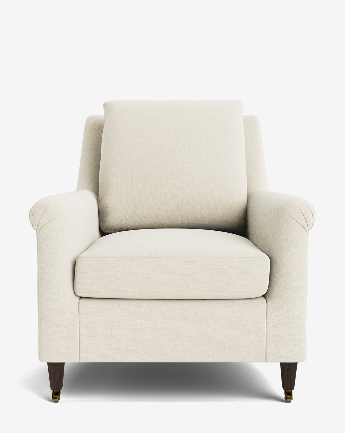 A front view of the Reedley Lounge Chair, a modern cream upholstered lounge chair with cushioned seat and back, rounded armrests, and dark wooden legs featuring small brass castors on the front, by McGee & Co.