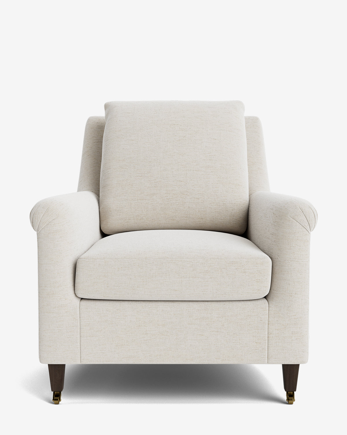 A front view of the Reedley Lounge Chair—a modern, cream lounge chair with plush cushions, wide armrests, and dark wood legs—displayed against a plain white background by McGee & Co.
