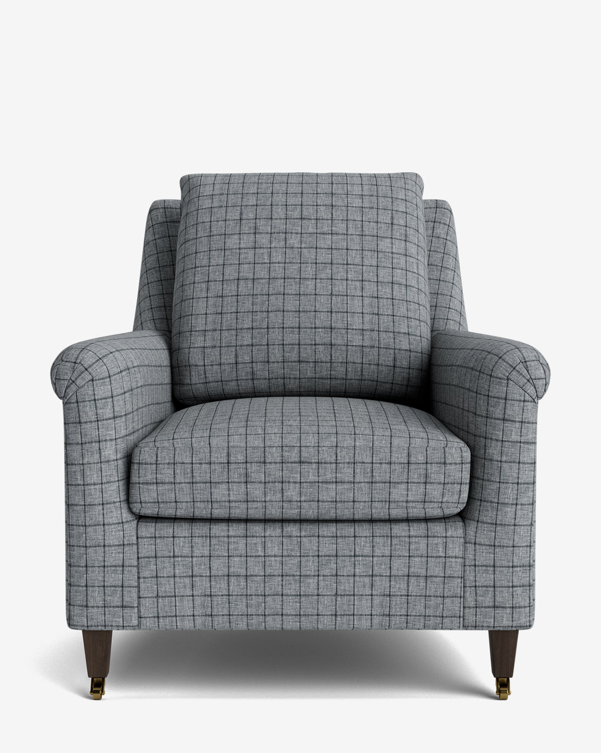 A front-facing view of the Reedley Lounge Chair, featuring a gray checkered upholstery, wooden legs, and cushioned seat and backrest by McGee & Co.
