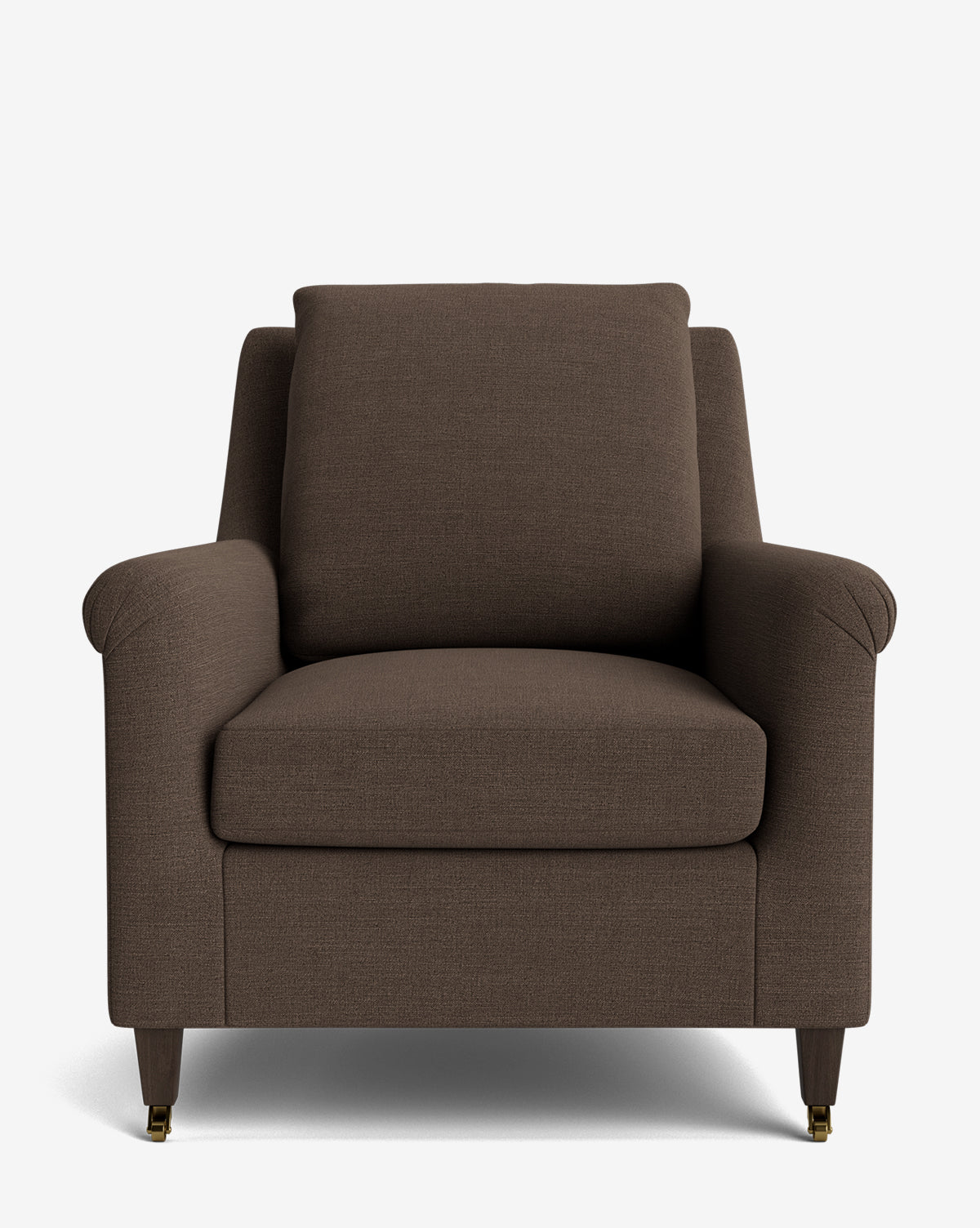 Front view of the Reedley Lounge Chair, featuring brown upholstery, cushioned seat and backrest, subtly angled armrests, and wooden legs with brass-capped front feet, shown against a plain white background by McGee & Co.