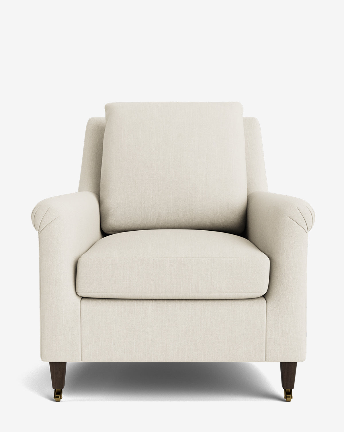 A front view of the Reedley Lounge Chair, a modern luxury seat in light beige upholstery with plush cushions, slightly angled armrests, and four wooden legs by McGee & Co.