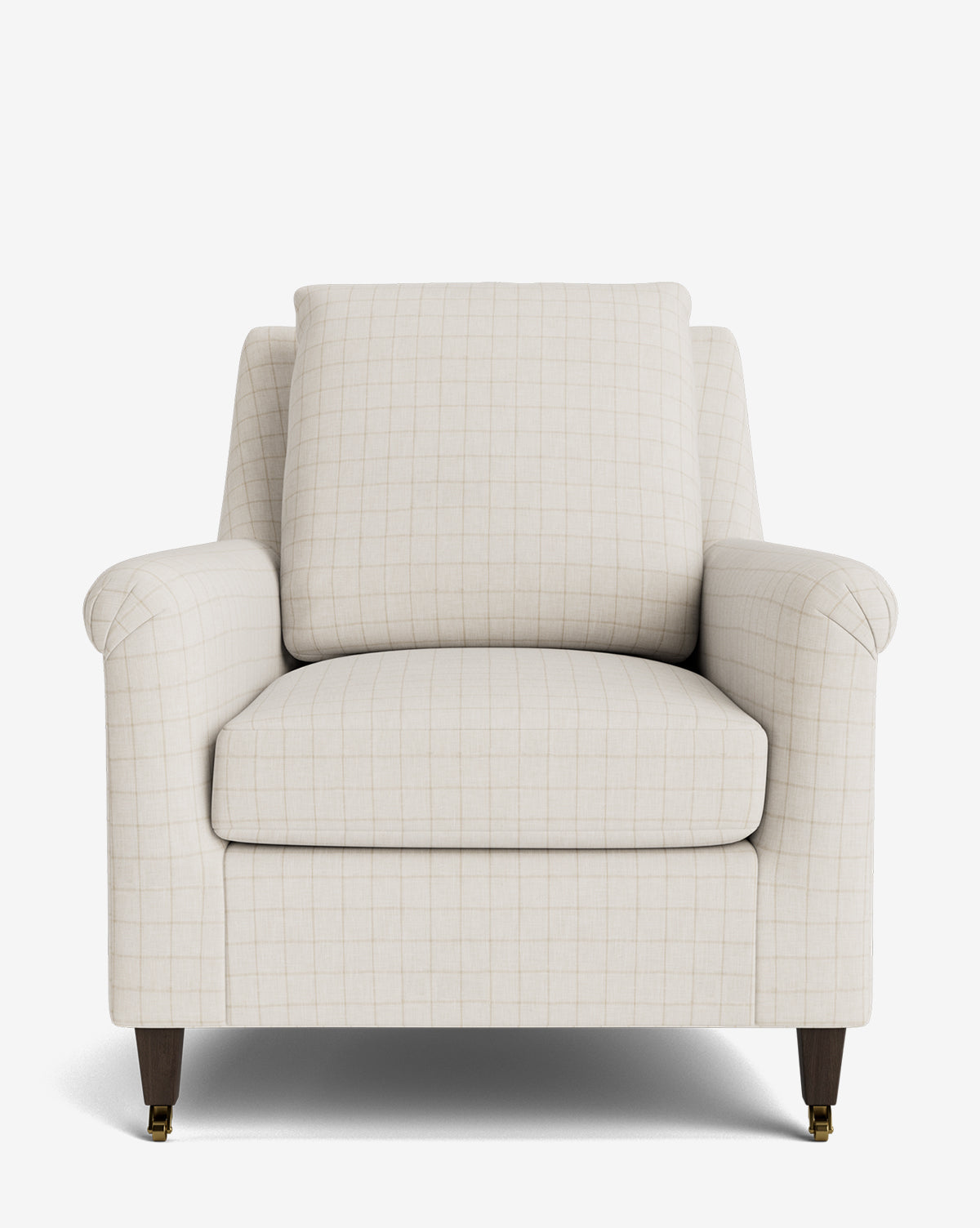The Reedley Lounge Chair features cream upholstery with a subtle checkered pattern, plush seat and back cushions, and dark wood legs with brass casters—blending timeless comfort and luxury in a classic design, by McGee & Co.