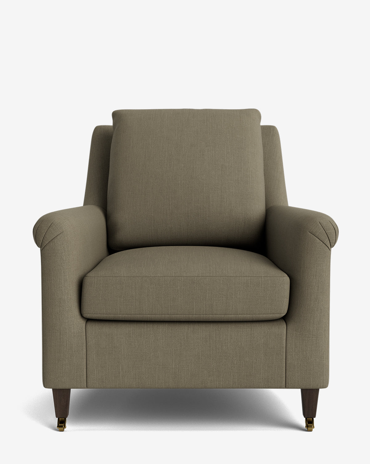 The Reedley Lounge Chair is a large, olive green upholstered deep lounge chair with a cushion backrest, wide arms, and four wooden legs—two of which have small brass wheels—all shown against a plain white background by McGee & Co.