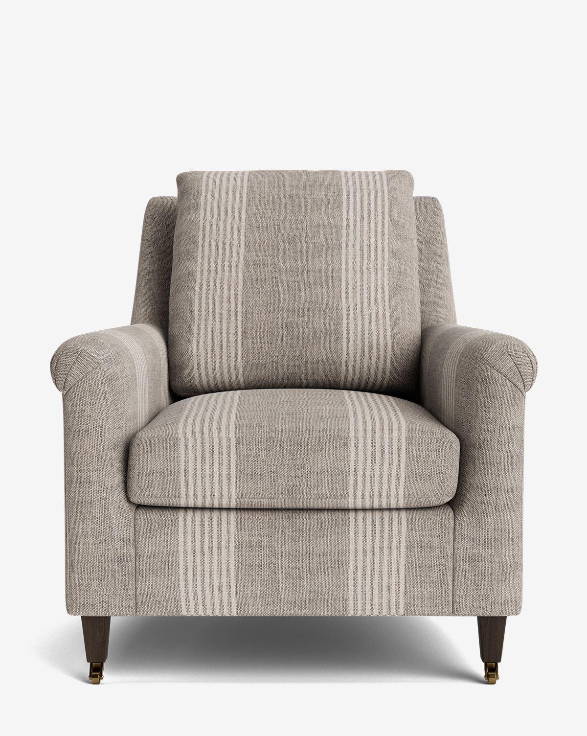 A front view of the Reedley Lounge Chair, showcasing light brown fabric with beige vertical stripes, rounded arms, a plush back cushion, and short wooden legs fitted with brass-colored casters, by McGee & Co.