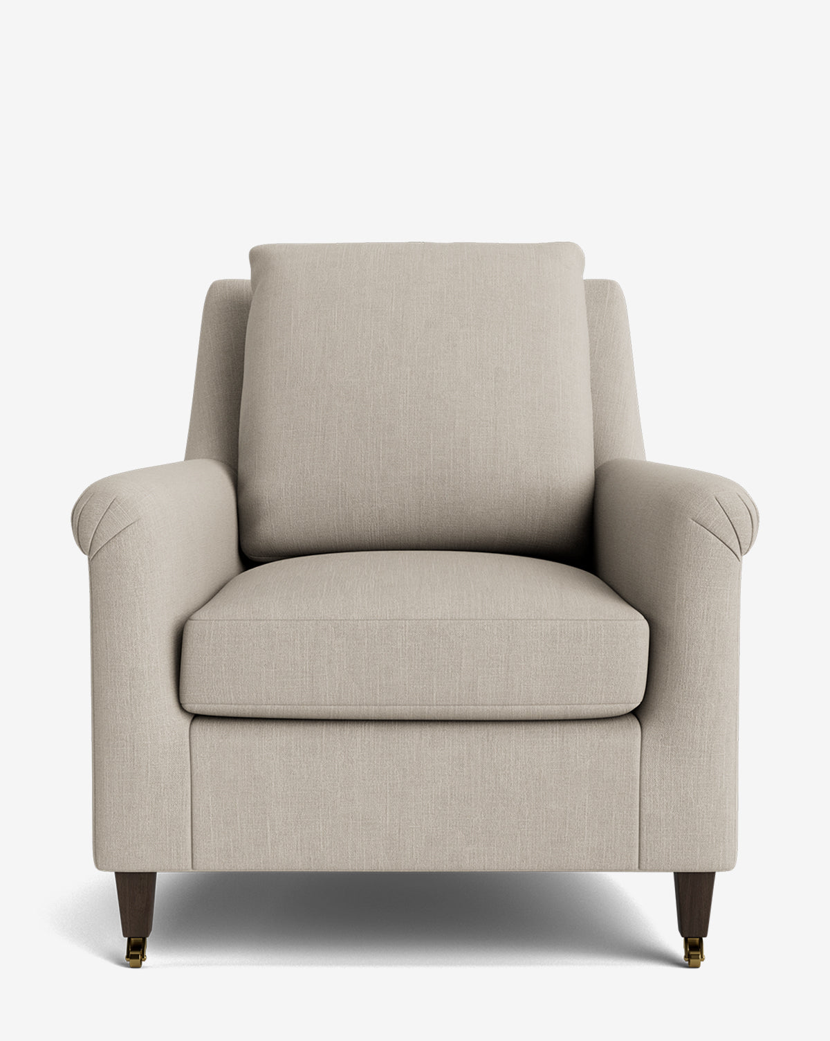 The Reedley Lounge Chair is a beige upholstered armchair featuring a cushioned back and seat, rounded armrests, and wooden legs, shown facing forward against a plain white background by McGee & Co.