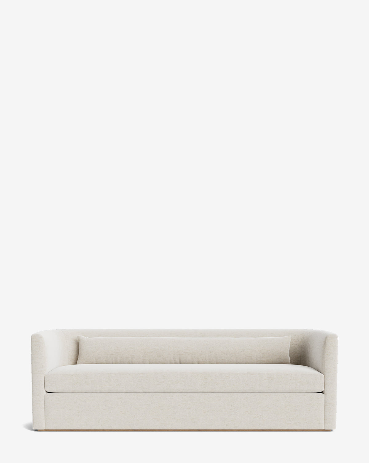 The Reese Sofa (84-96) in light beige features a sleek, low-profile design with curved armrests and a straight backrest. Its handcrafted alder wood frame and down-wrapped cushions provide comfort and durability, shown on a plain white background by McGee & Co.