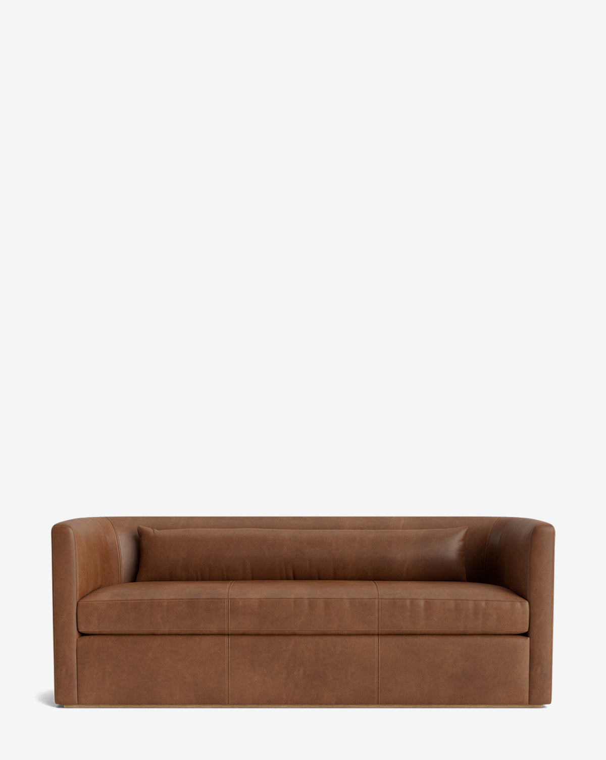 The Reese Sofa (84-96) in brown leather features a low backrest, rounded arms, down-wrapped cushions, and handcrafted alder wood accents, shown against a plain white background by McGee & Co.