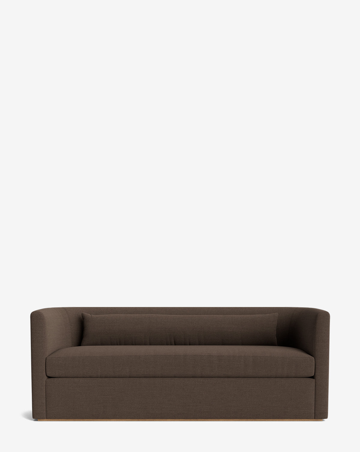 The Reese Sofa (84-96) features a brown upholstered finish, handcrafted alder wood frame, low back and arms, down-wrapped cushions, and a matching rectangular pillow, displayed on a plain white background by McGee & Co.