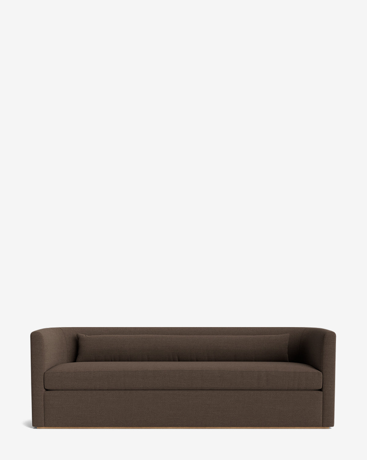 The Reese Sofa (84-96) is a modern, minimalist brown sofa with straight arms, a low backrest, down-wrapped cushions, and handcrafted alder wood accents, shown against a plain white background by McGee & Co.