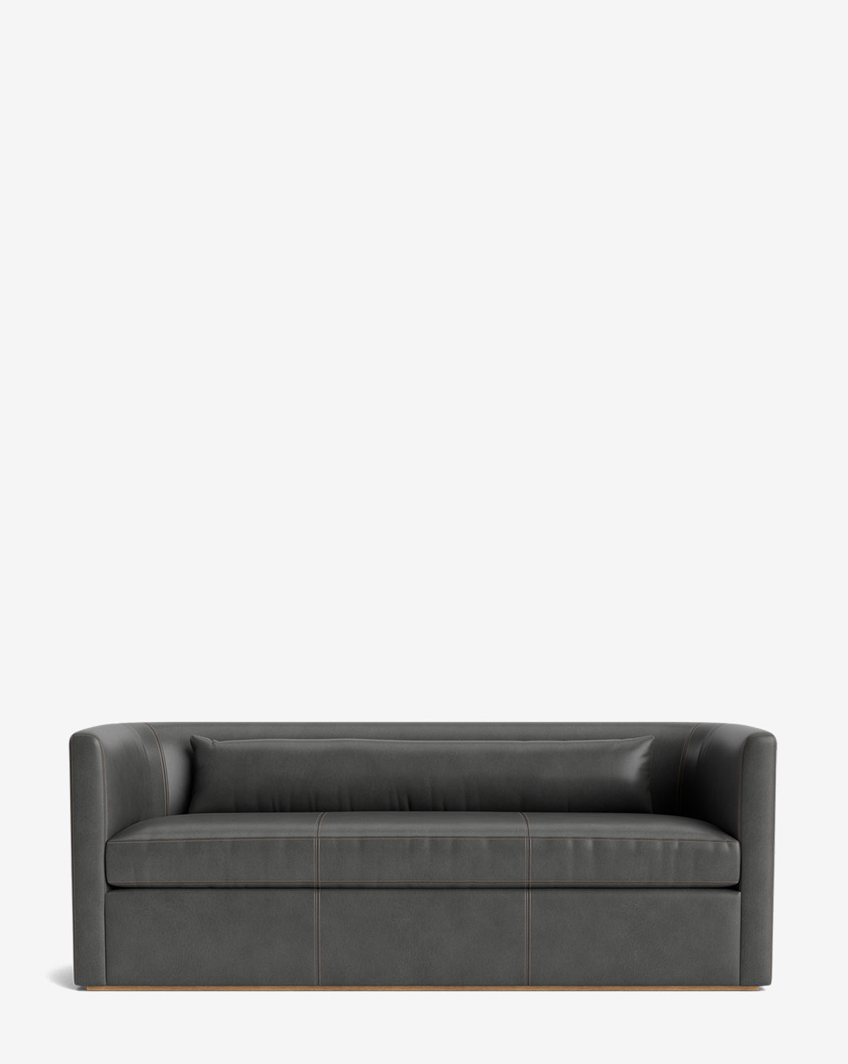 The Reese Sofa (84-96) is a modern black leather sofa with a low backrest and equal-height armrests, down-wrapped cushions, subtle stitching, and handcrafted alder wood accents, shown on a plain white background by McGee & Co.
