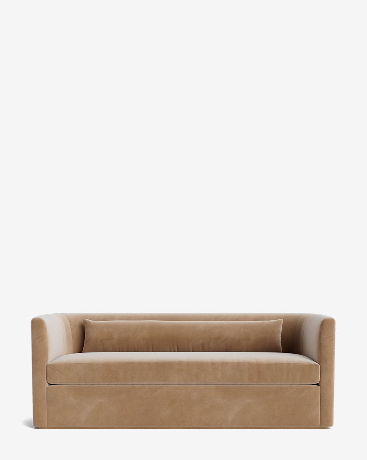 The Reese Sofa (84-96) features down-wrapped cushions, a modern light brown velvet design, a cylindrical backrest, and a matching long bolster pillow, all set against a plain white background by McGee & Co.