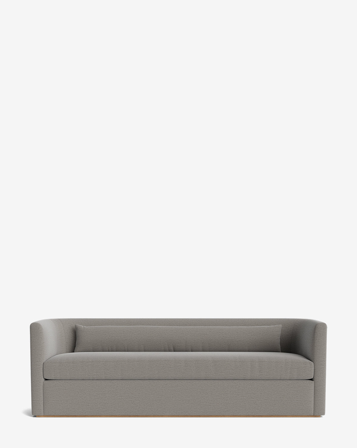 The Reese Sofa (84-96) showcases a modern grey fabric, curved armrests, handcrafted alder wood frame, and a single back cushion against a plain white background, by McGee & Co.