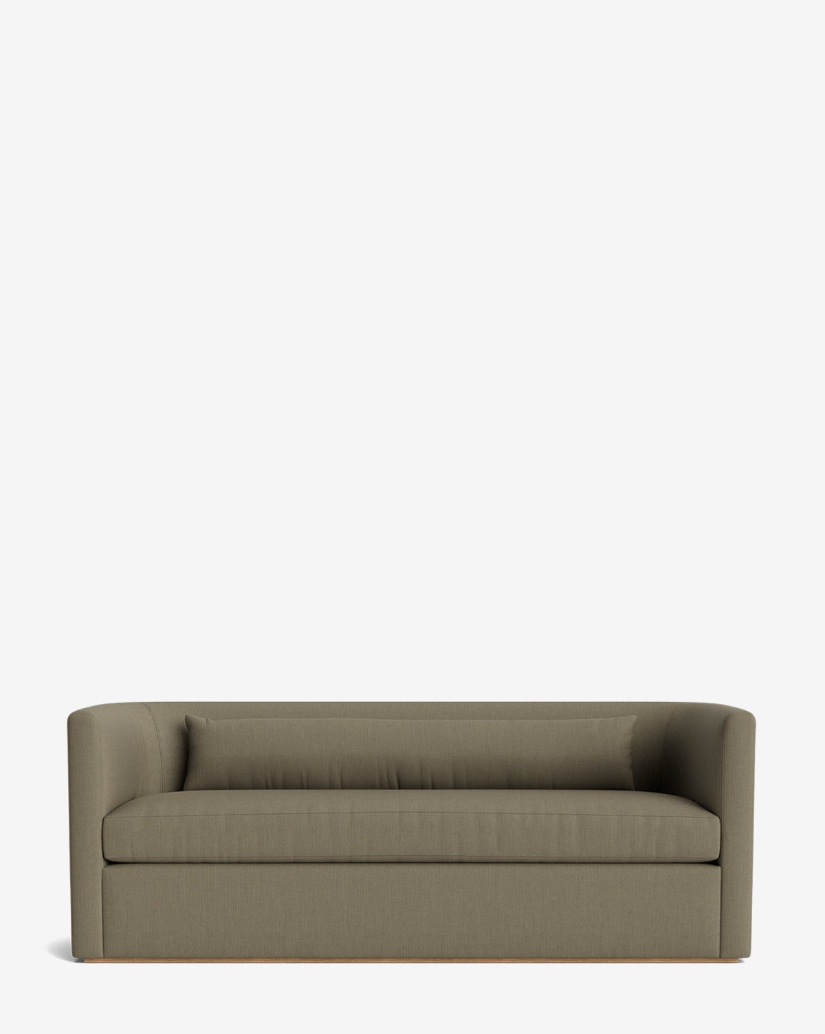 The Reese Sofa (84-96) in olive green features down-wrapped cushions, low arms, a clean-lined silhouette, a matching rectangular cushion, and handcrafted alder wood legs, shown against a plain white background by McGee & Co.