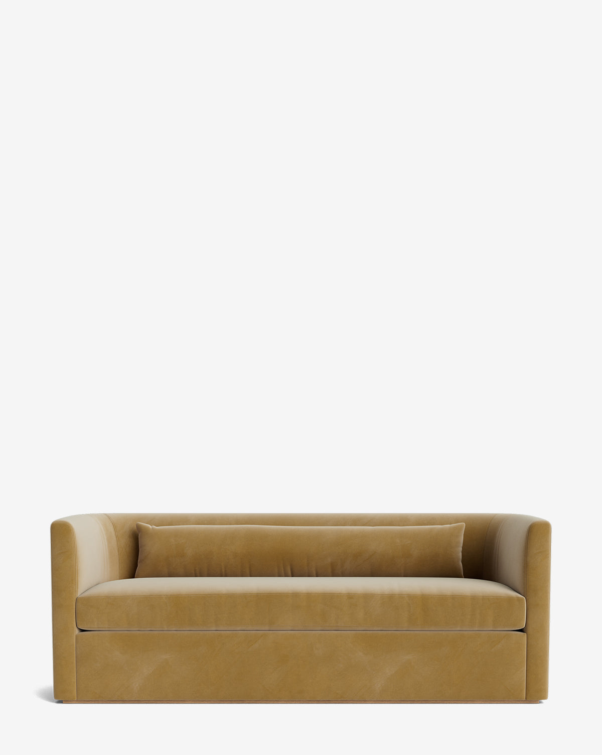 The Reese Sofa (84-96) in mustard-yellow velvet features a rectangular shape, low curved arms, a straight back, and down-wrapped cushions on handcrafted alder wood legs, shown against a plain white background by McGee & Co.