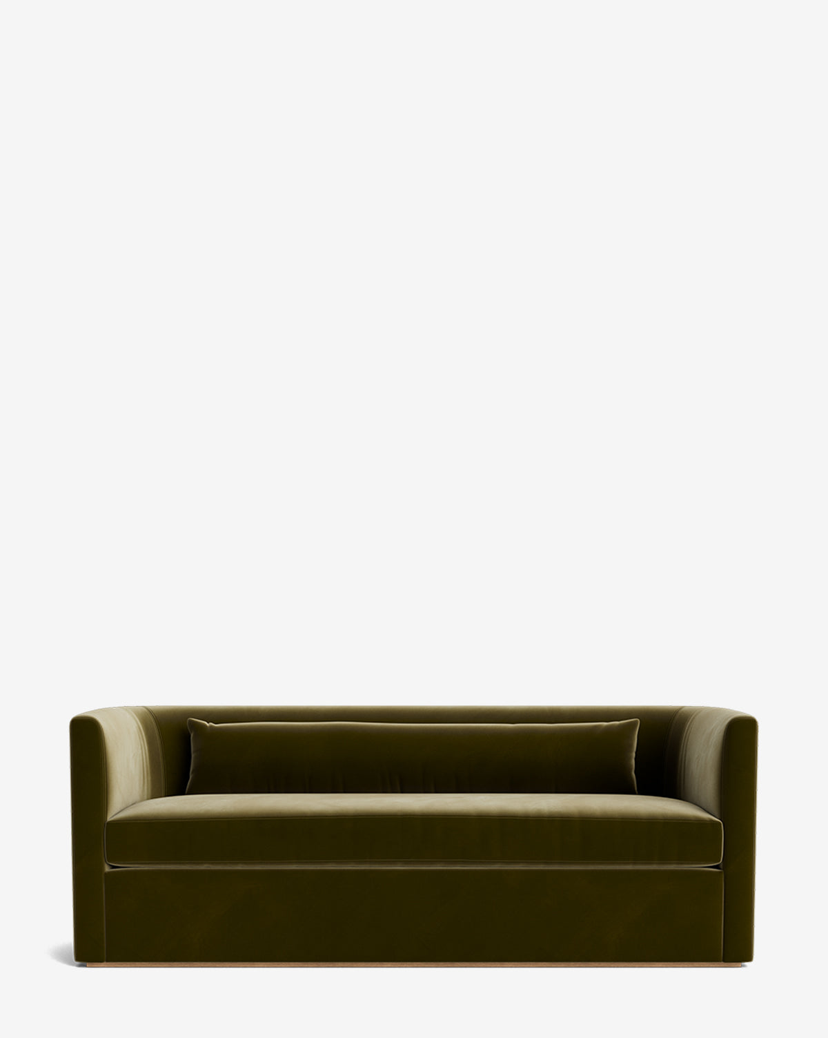 The Reese Sofa (84-96) features modern olive green velvet upholstery, clean lines, low arms, a handcrafted alder wood frame, and a matching rectangular back cushion set against a plain white background by McGee & Co.