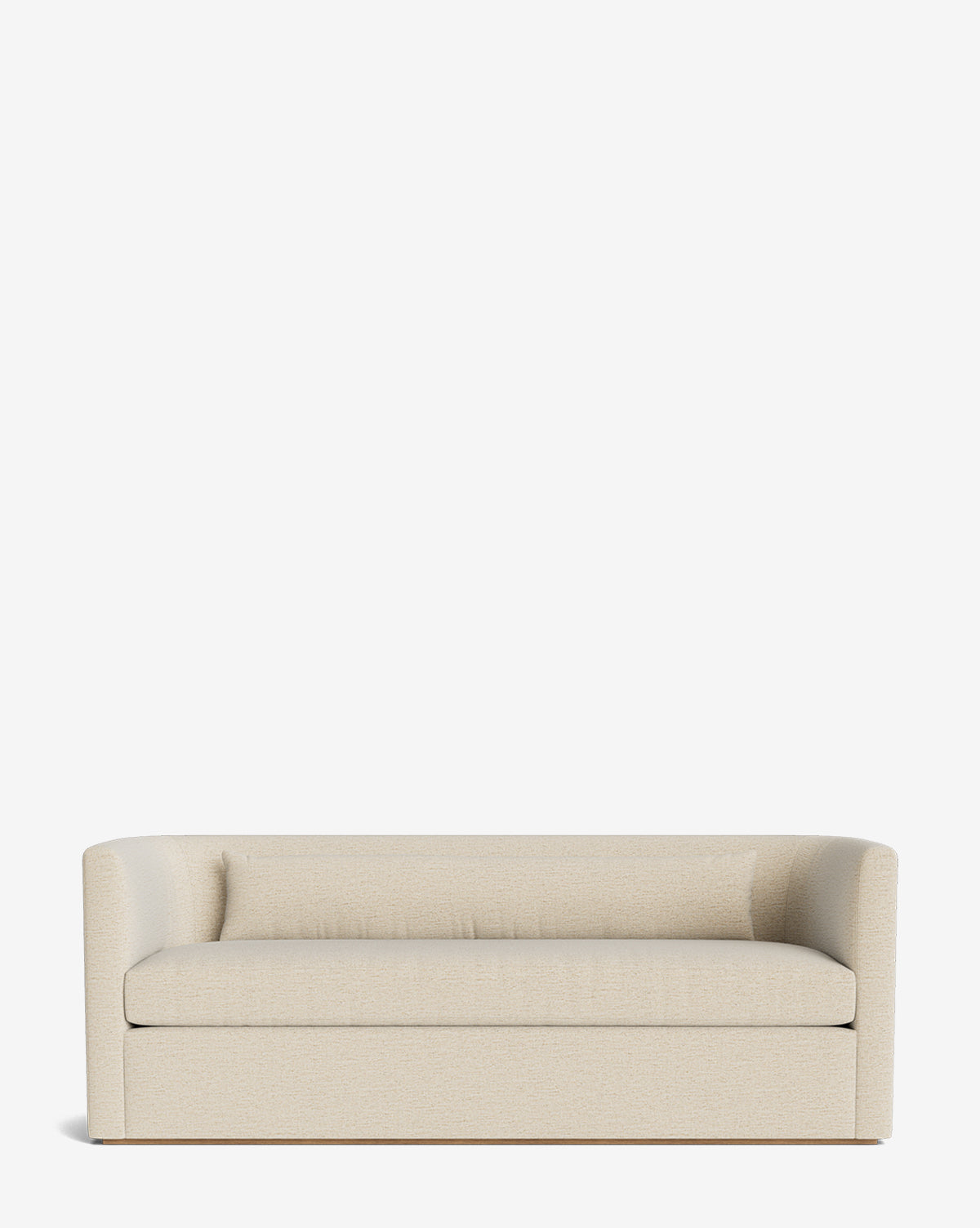The Reese Sofa (84-96) is a modern beige upholstered piece with down-wrapped cushions, low back and arms, handcrafted alder wood, and minimalist design, shown on a plain white background by McGee & Co.
