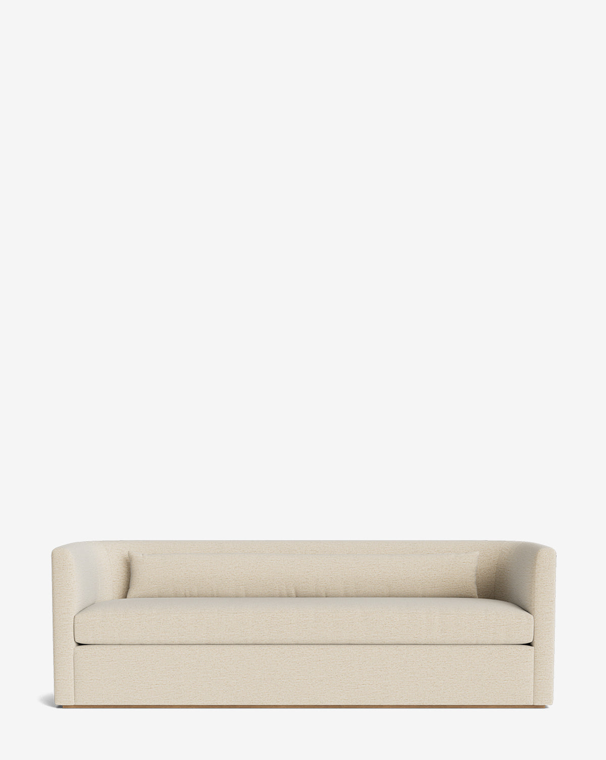 The Reese Sofa (84-96) features a modern beige design with curved arms, a boxy base, handcrafted alder wood legs, and plush down-wrapped cushions, shown against a plain white background by McGee & Co.