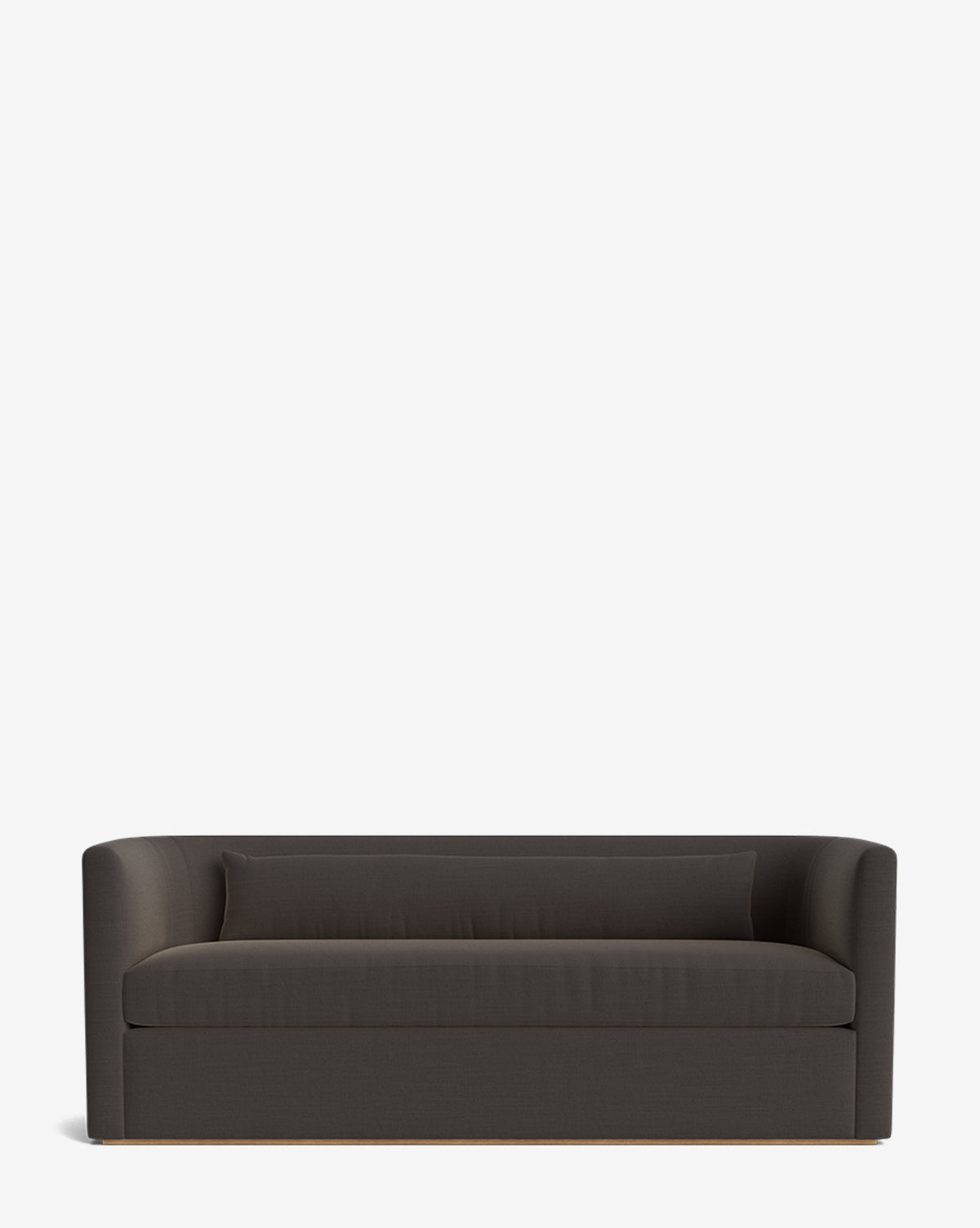 The Reese Sofa (84-96) in dark grey features modern curved armrests, a single back cushion, down-wrapped seats, and handcrafted alder wood details, set against a plain white background by McGee & Co.