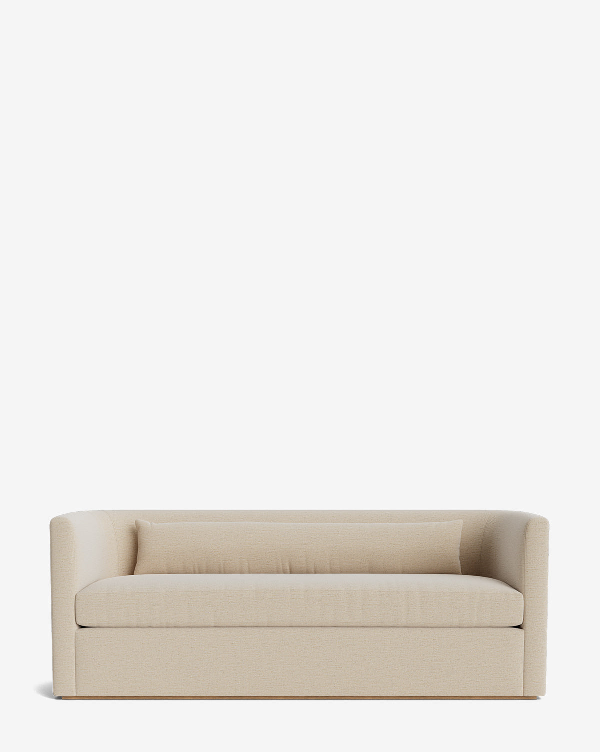 The Reese Sofa (84-96) is a modern beige two-seater with curved arms, a single long back cushion, and down wrapped cushions, shown against a plain white background by McGee & Co.