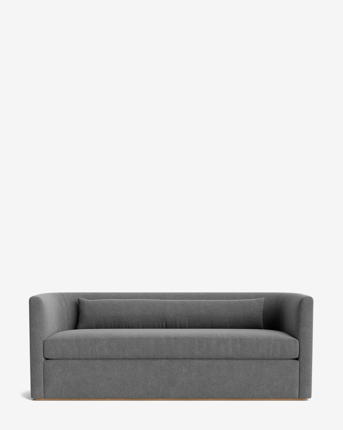 The Reese Sofa (84-96) showcases a modern gray upholstered design with a low back, curved armrests, down-wrapped cushions, and a handcrafted alder wood frame, finished with a matching rectangular pillow on a plain white background by McGee & Co.
