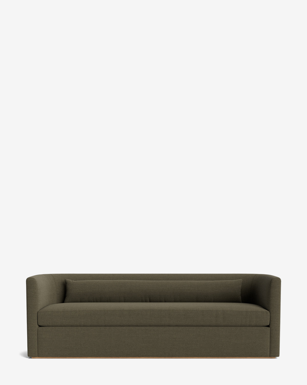The Reese Sofa (84-96), a modern minimalist piece in dark olive green with low arms, a single down-wrapped cushion, and a handcrafted alder wood frame, is set against a plain white background by McGee & Co.
