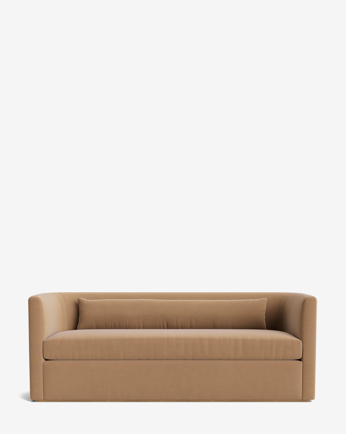 The Reese Sofa (84-96) features a modern minimalist design with a low, curved backrest and armrests, handcrafted alder wood accents, a matching rectangular cushion, and clean lines, set against a plain white background by McGee & Co.
