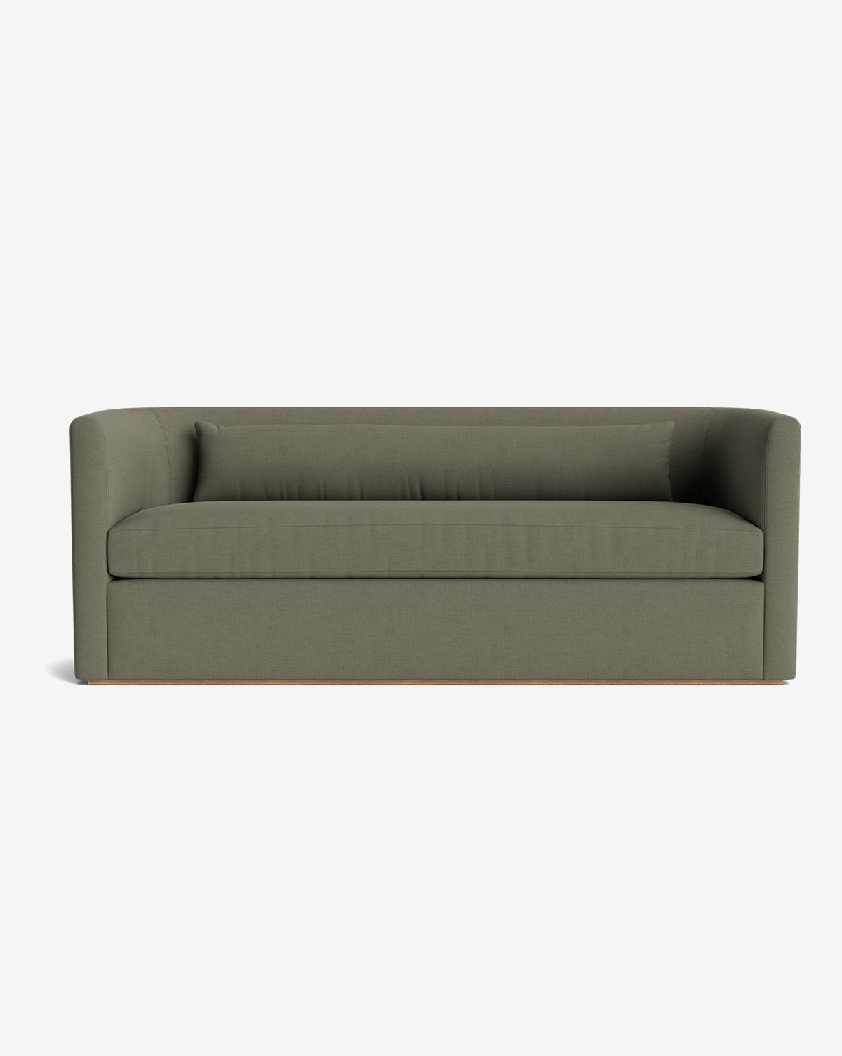 The Reese Sofa (84-96) is a modern olive green piece with down-wrapped cushions, a single long back cushion, rounded arms, and a handcrafted alder wood base, shown against a plain white background by McGee & Co.