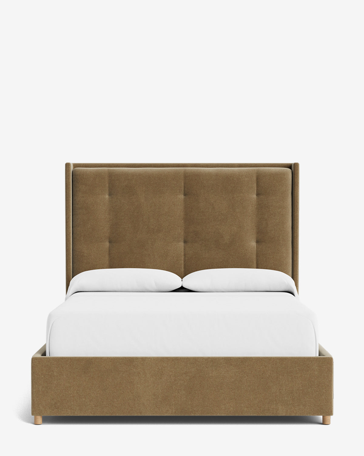 The Ria Bed is a modern upholstered bed with a tall, customizable tufted headboard and light brown frame, shown with white bedding and two pillows against a plain white background, by McGee & Co.