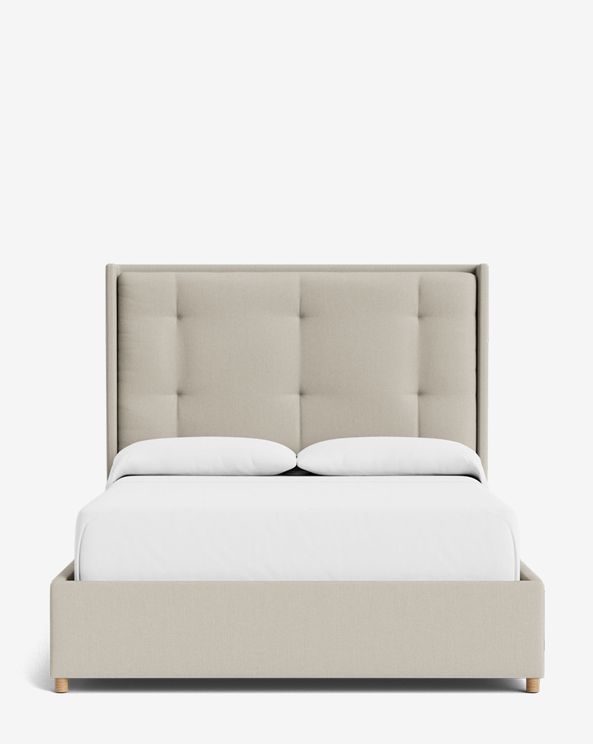 The Ria Bed features a modern light beige upholstered, tufted fabric headboard and frame, paired with two white pillows and a crisp white bedspread, all set against a plain white background by McGee & Co.