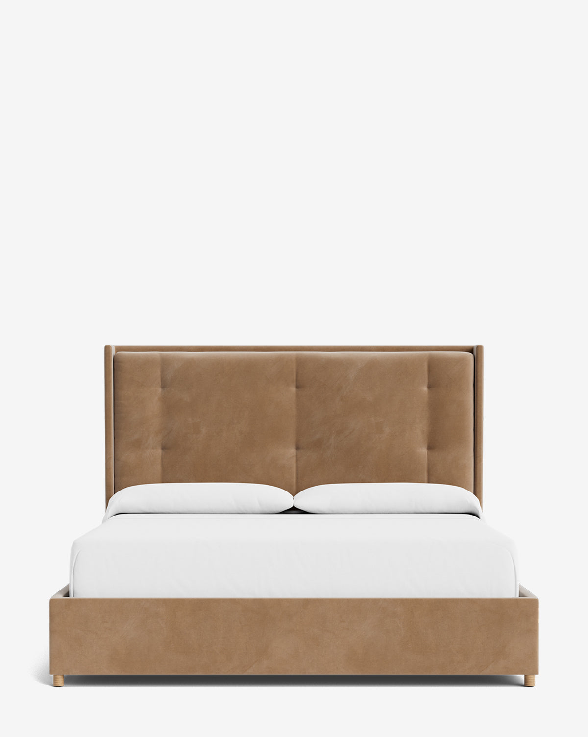 Front view of the Ria Bed, a modern customizable upholstered design with a tall tan tufted headboard, white bedding, and two white pillows, set against a plain white background, by McGee & Co.