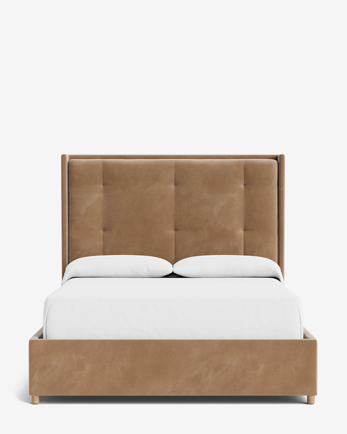 The Ria Bed features a modern upholstered frame with a tall, customizable tan headboard, white bedding, and two pillows, set against a plain white background by McGee & Co.