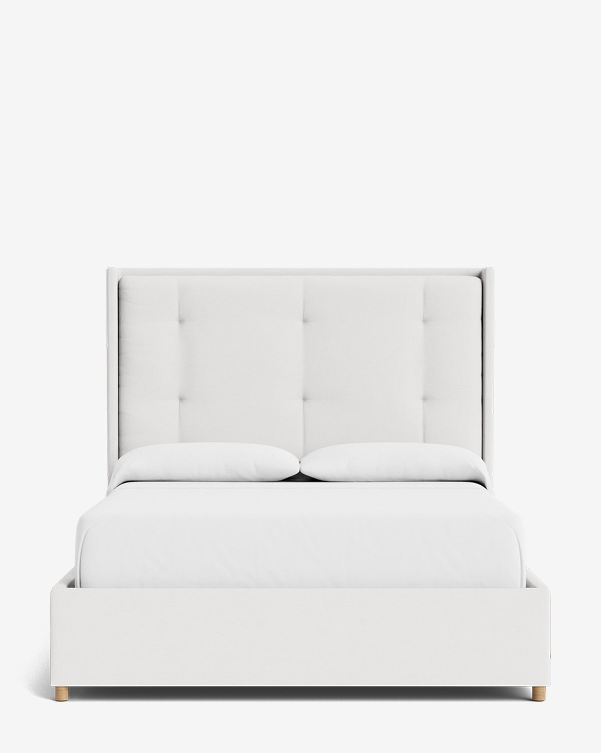 The Ria Bed features a modern, customizable upholstered design with a tall, tufted headboard, two pillows, and a neatly arranged white comforter, shown from the front against a plain white background by McGee & Co.