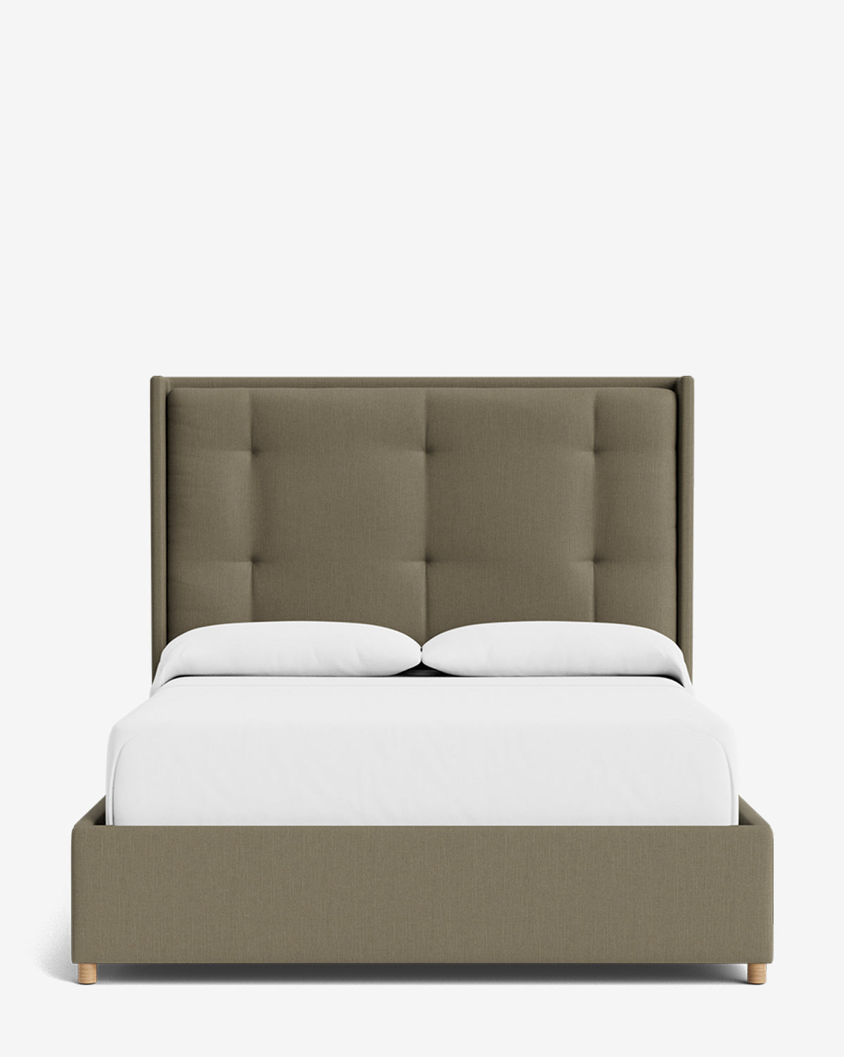 The Ria Bed is a modern, customizable upholstered bed with a tall tufted olive green headboard, white bedding, and two white pillows, displayed against a plain white background by McGee & Co.