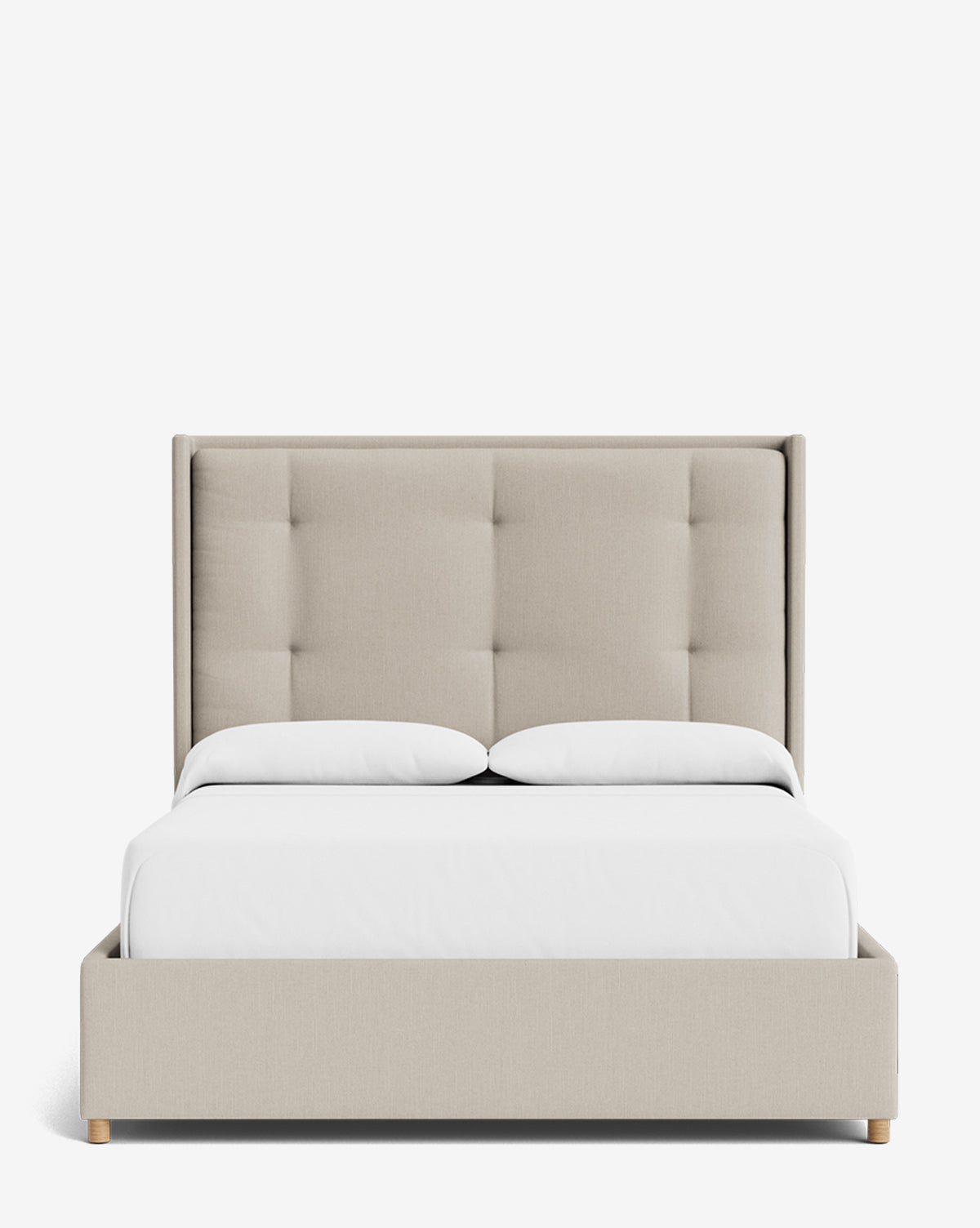 The Ria Bed features a beige customizable upholstered frame, a tall tufted headboard, two white pillows, and white bedding, all presented from the front against a white background by McGee & Co.