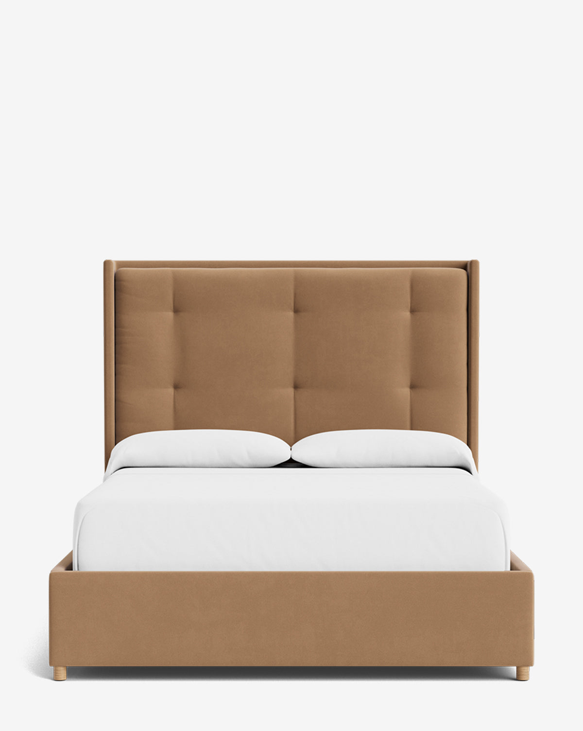 The Ria Bed features a modern upholstered design with a light brown, tufted headboard and frame, white bedding, and two white pillows. Shown against a plain white background, it offers customizable options to match your style, by McGee & Co.