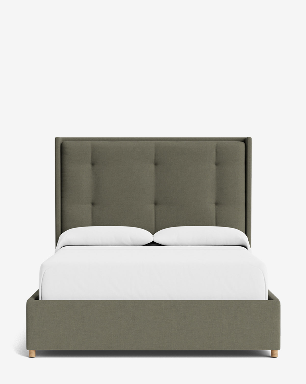The Ria Bed features a customizable, tall tufted olive-green headboard, white bedding, and two white pillows, shown from the front against a plain white background by McGee & Co.