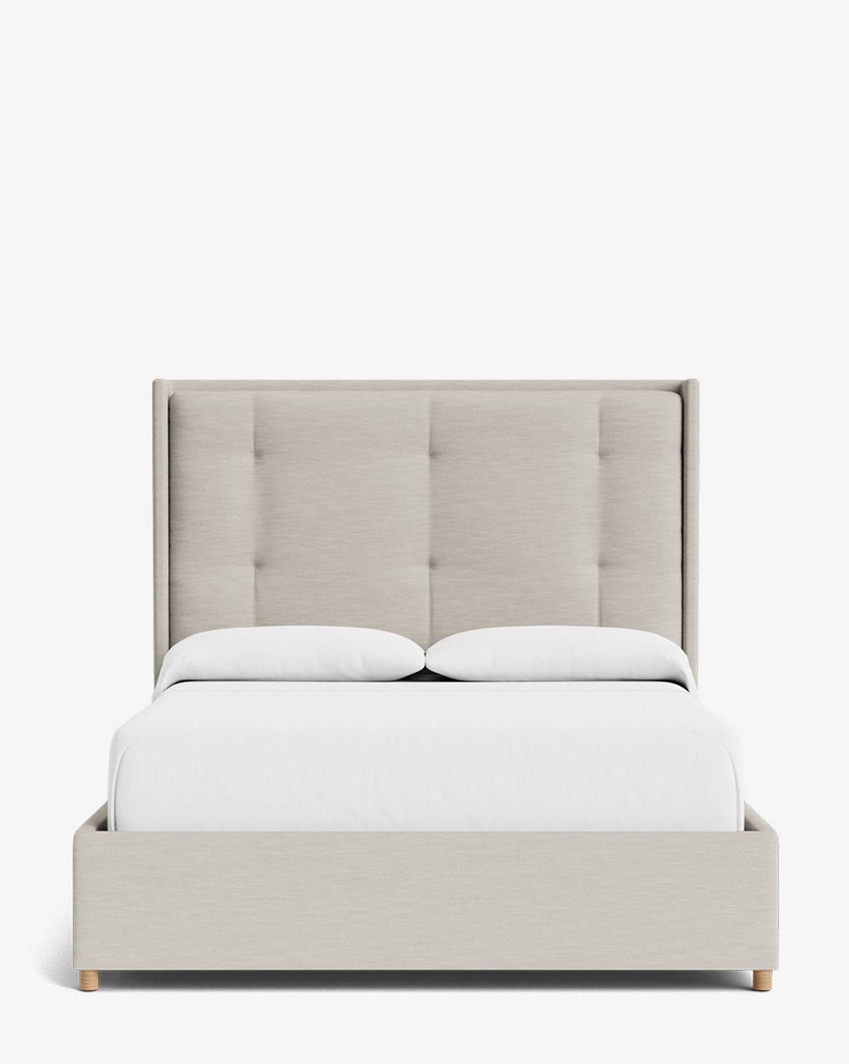 The Ria Bed is a modern, customizable light gray upholstered bed with a tall tufted headboard, white bedding, and two pillows, set against a plain white background, by McGee & Co.