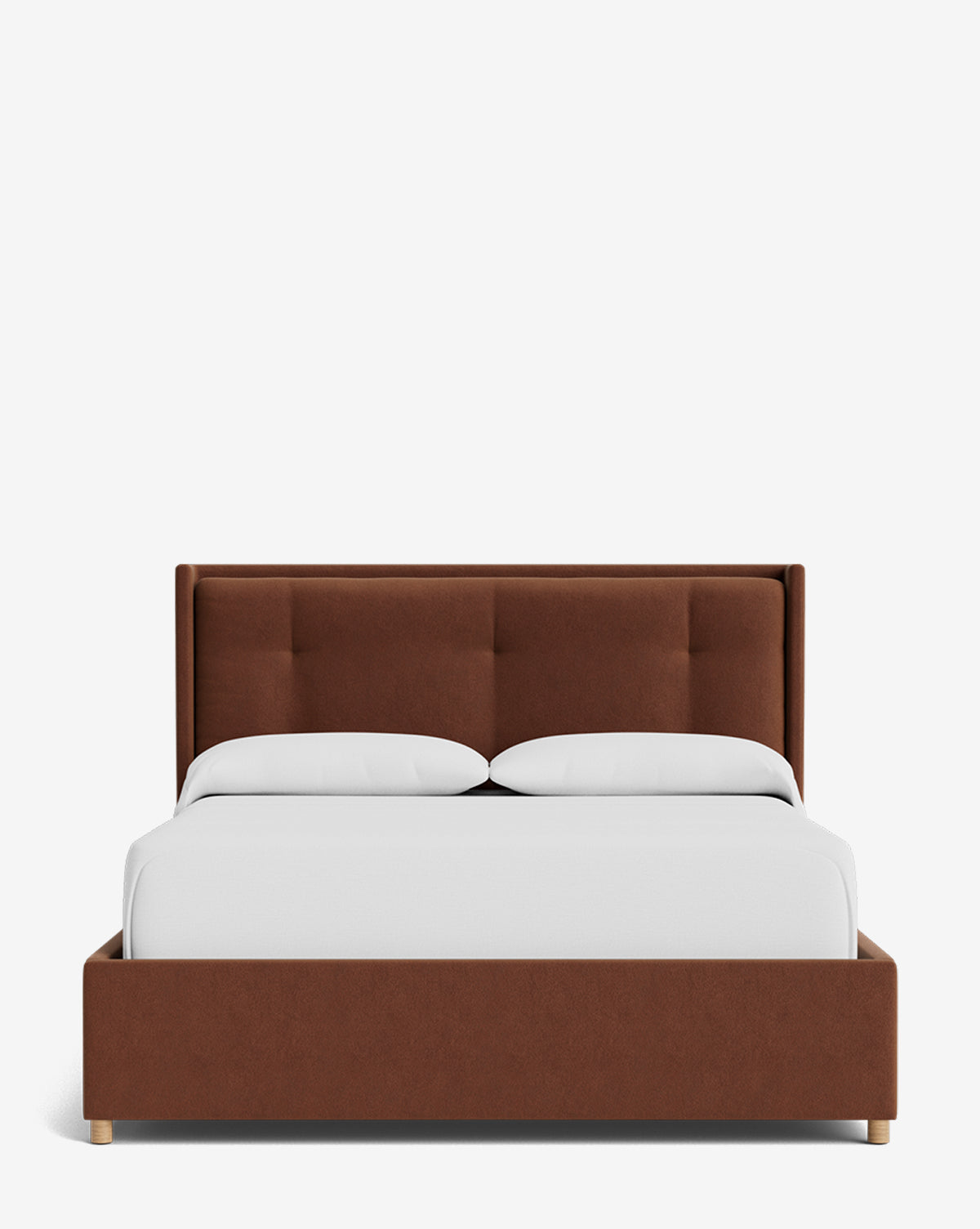 The Ria Bed Low Headboard features a brown upholstered frame and headboard, white bedding, and two pillows, shown from the front against a plain white background by McGee & Co.